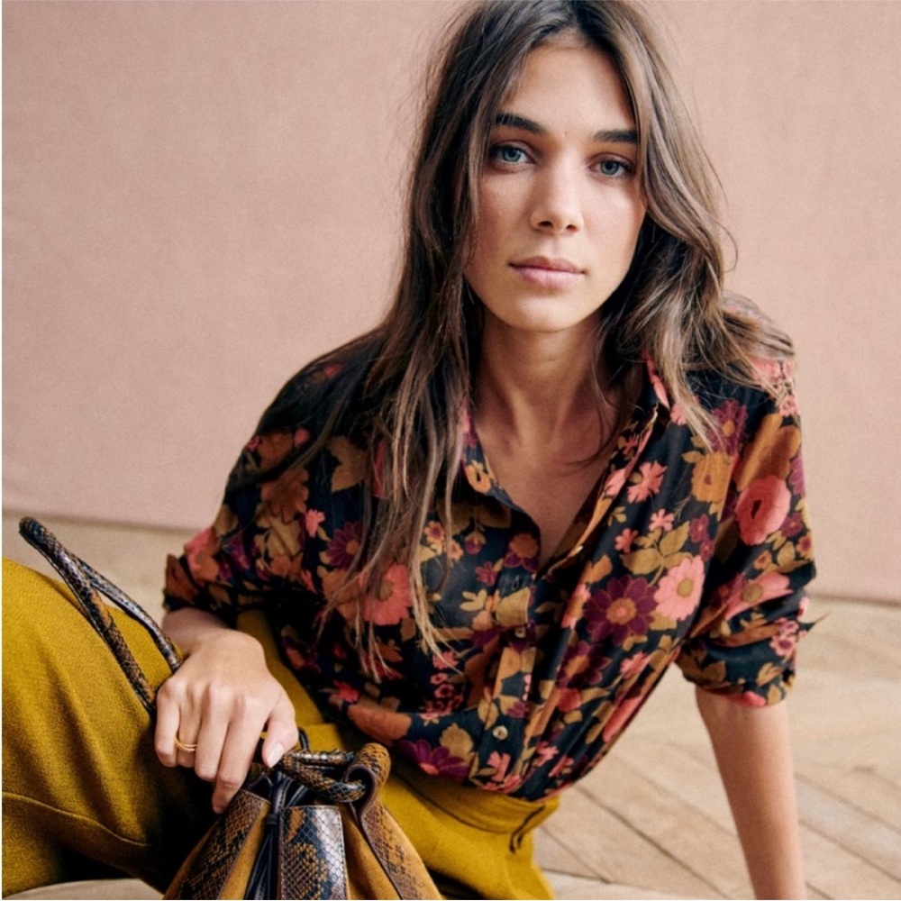 Sezane Pierro Floral Button-Up Blouse - Black and Pink